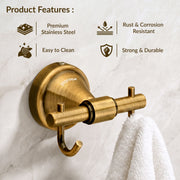 Plantex 304 Grade Stainless Steel Hooks for Hanging Clothes and Towel in Bathroom/Living Room- Niko (Brass Antique)
