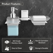 Plantex 304 Grade Stainless Steel Soap Dish/Glass Soap Holder/Liquid Soap Dispenser/Shampoo Dispenser for Bathroom/Bathroom Accessories (Crystal -Chrome)