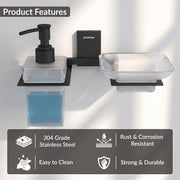 Plantex 304 Grade Stainless Steel Glass Soap Dish with Tumbler Holder/Soap Stand/Bathroom Accessories - Crystal (Black)