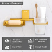 Plantex 304 Grade Stainless Steel Soap Dish with Glass Toothbrush Holder/Soap Stand/Soap Case with Tumbler/Bathroom Accessories - Pack of 1 (Crystal, PVD Gold)