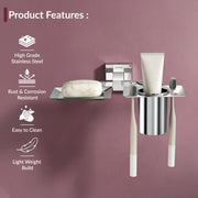 Plantex Aqua Stainless Steel 2in1 Soap Holder with Tumbler Holder/Soap Dish/Toothbrush Holder/Bathroom Accessories (Chrome - Aqua)