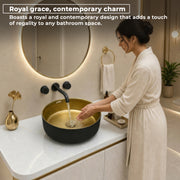 Plantex Table Top Wash Basin for Bathroom/Designer Ceramic Basin/Round Countertop Vessel Sink Basin for Home/Office/Hotel (Black & Gold - 14 x 14 x 5 Inch)
