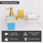 Plantex 304 Grade Stainless Steel Glass Soap Dish with Liquid Dispenser for Bathroom/Soap Stand/Glass Shampoo Dispenser/Bathroom Accessories - Pack of 1 (Crystal, PVD Gold)