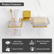 Plantex 304 Grade Stainless Steel Glass Soap Dish with Tumbler Holder/Soap Stand/Toothbrush Holder/Bathroom Accessories - Crystal (PVD Gold)