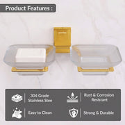 Plantex 304 Grade Stainless Steel Frosted Glass Double Soap Holder/Soap Stand/Dual Soap Dish/Bathroom Accessories - Crystal (PVD Gold)