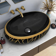 Plantex Black Wash Basin for Bathroom/Table Top Ceramic Basin/Oval Hand Wash Sink for Home/Hotel (23.5x16x6 Inch - Black&Gold)