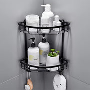 Plantex Stainless Steel Corner Shelf for Bathroom Wall/ Bathroom Corner Rack with Hooks/Bathroom Organiser with Drill (2-Tier, Black)
