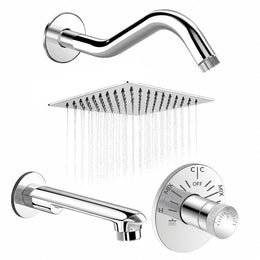 Plantex Shower Combo Set for Bathroom/Brass Single Knob Diverter/Bathtub Spout/8x8 Inch Ultra Slim Overhead Shower/11-Inch S-Shaped Shower Arm – Chrome