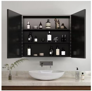 Plantex Aluminium Framed Bathroom Mirror with Storage/Double Door Heavy-Duty Steel Body Bathroom Shelf for Wall with Mirror - 18x18 Inch, Black