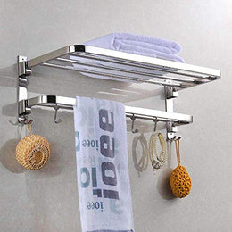 Plantex 304 Grade Stainless Steel Foldable Towel Rack in Bathroom/Cloth Hanger for Bathroom/Towel Rod with Hooks/Bathroom Accessories (18 Inch) Chrome