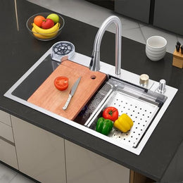 Plantex 304 Grade Stainless Steel Waterfall Kitchen Sink with Anti Scratch Honeycomb Design/Luxurious Sink for Kitchen with Pull Down Faucet - Multifuctional Modern Sink (30 x 18 Inch, Black)