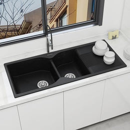 Plantex Kitchen Sink/Quartz Sink for Kitchen/UV Protected Double Bowl with Drain Board, Coupling and Adjustable Drain Rack (Charcoal Black - 45x20inch)