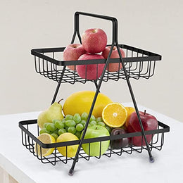 Plantex High Grade Steel 2-Tier Fruit & Vegetable Basket, Countertop Tiered Shelf for Dining Table/Kitchen (Black)