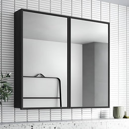 Plantex Aluminium Framed Bathroom Mirror with Storage/Double Door Heavy-Duty Steel Body Bathroom Shelf for Wall with Mirror - 18x18 Inch, Black