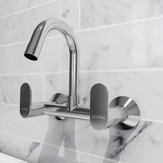 Plantex ORN-214 Pure Brass Sink Mixer with (360 Degree) Swivel Spout Double Handle Hot & Cold Water Tap/Kitchen Bathroom Faucet with Brass Wall Flange and Teflon Tape (Mirror-Chrome Finish)
