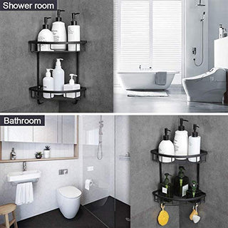 Plantex Stainless Steel Corner Shelf for Bathroom Wall/Bathroom Corner Rack with Hooks/Bathroom Organiser with Drill (2-Tier, Black)