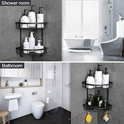Plantex Stainless Steel Corner Shelf for Bathroom Wall/ Bathroom Corner Rack with Hooks/Bathroom Organiser with Drill (2-Tier, Black)
