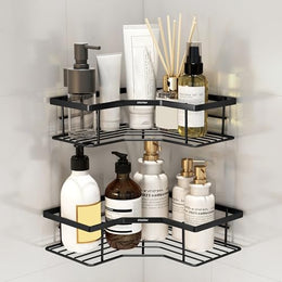 Plantex Self Adhesive Bathroom Shelf Rack/Bathroom Organizer Without Drill/Corner Shelf for Bathroom Wall/Kitchen Corner Shelves Self Adhesive/Shelves for Kitchen-Pack of 2(Black)