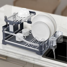 Plantex  Aluminium Fold Flat Dish Drying Rack/2-Tier Dish Drainer With Drying Rack/Utensils Drying Rack/Vessel Drainer Basket/Kitchen Organiser Rack Stand- (Silver & Grey)