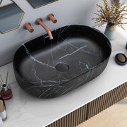 Plantex Ceramic Black Washbasin/Oval Tabletop Hand Wash Basin for Bathroom/Designer Washbasin Sink for Home/Office (22x13.5x6 Inch - Marble Finish)