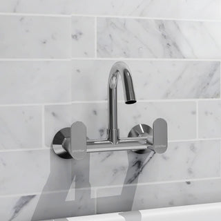 Plantex ORN-214 Pure Brass Sink Mixer with (360 Degree) Swivel Spout Double Handle Hot & Cold Water Tap/Kitchen Bathroom Faucet with Brass Wall Flange and Teflon Tape (Mirror-Chrome Finish)