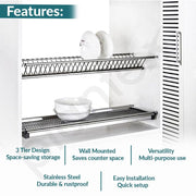 Plantex Stainless Steel Dish Plate Rack Drainer/600mm GTPT Tray for Kitchen/Cabinet Kitchen Organizer for Quick Drying and Storage - Set of 3 Pcs (Chrome)