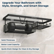 Plantex GI Steel Self Adhesive Soap Holder/Wall Mounted Shelf for Bathroom with Side Hooks to Hang Loofah for Bathing/Bathroom Accessories - Black, Powder Coated (Pack of 3)