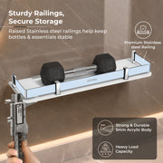 Plantex Wall Shelf for Bathroom Storage/Acrylic Washroom Shelf Organizer with Stainless Steel Railings/Bathroom Accessories (White, 15x6 inches)