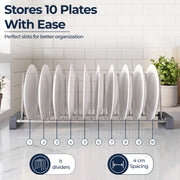 Plantex Durable Stainless Steel Plate Stand for Kitchen Cabinet/10 Slot Plate Oraganizer for Kitchen/8 Inch Thali Stand with Anti-Scratch Base(Size-8Inches, Slot- 10, Pack of 1)