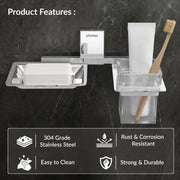 Plantex 304 Grade Stainless Steel 2 in 1 Soap Dish with Tumbler Holder/Soap Holder/Toothbrush Holder/Bathroom Accessories - Crystal (Chrome)
