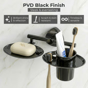 Plantex J4 Stainless Steel Soap Dish with Tumbler Holder/Soap and Brush Holder for Bathrooom/2 in 1 Soap Holder with Toothbrush Holder/Bathroom Accessories (PVD Black Finish) Angel