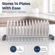 Plantex Stainless Steel Plate Rack/14-Slot Plate Organizer for Kitchen/Saucer Plate Stand/Tandem Box Accessories - (Size-4 inches, Slot- 14, Pack of 1)