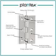 Plantex Stainless Steel Door Hinges 3 inch x 16 Gauge/1.5 mm Thickness Home/Office/Hotel for Main Door/Wooden/Bedroom/Kitchen/Kabza - Pack of 1 (Satin Matt)