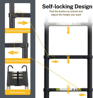 Plantex 2.6m (8.5 ft.) Portable and Compact Aluminium Telescopic Ladder with Removable Hooks/Foldable Multipurpose Ladder for Home & Outdoor Use/2 Years of Warranty by Plantex/EN131 Certified-(Black)