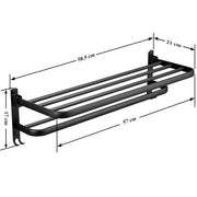 Plantex Aluminium Folding Towel Rack with Fix Towel Rod/Shelf for Bathroom Storage with Removable Hooks/Bathroom Accessories - Combo (Black)