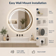 Plantex Glass Lighting Mirror With 3 Lighting Option/Smart Wall Mount Mirror Shatterproof For Living Room/Bedroom/Dressing Room - Round Shape (24 Inch), White