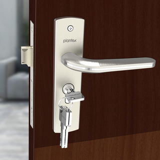 Plantex Heavy-Duty Door Lock Set - Main Door Lock Handle Set/ 6-Lever Lock Mechanism with 3 Years of Warranty/Mortise Lock with 3 Keys, Brass Lock Body & Cylinder(8077 - Chrome & Matt)