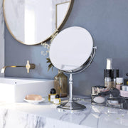 Plantex Premium Brass Magnifying Mirror/Dual Side Makeup Mirror with 5x/1x Magnification/Tabletop Vanity Hand Mirrors Stand (8 Inch-Chrome/Tabletop)