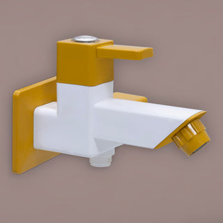 Plantex PTMT EDS-127 2 In 1 Painted Tap For Bathroom With Plastic Wall Flange & Teflon Tap e/ 2-Way Angle Valve With Attachment For Health Faucet (Yellow & White)