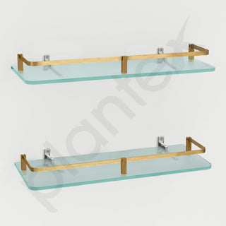 Plantex Frosted Glass Shelf for Bathroom/Shelf with Brass Railings and Brackets/Shelf for Living Room/Bedroom/Kitchen - Pack of 2 (15 x 6 inch, Brass Antique)