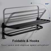 Plantex Aluminium Folding Towel Rack with Fix Towel Rod/Shelf for Bathroom Storage with Removable Hooks/Bathroom Accessories - Combo (Black)