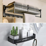 Plantex Aluminum Towel Rack/Towel Rod with Shelf for Bathroom Organizer/Towel Hanger with Hooks/Storage Shelf/Wall Mount - Bathroom Accessories (Black)