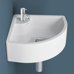 Plantex Ceramic Basin with Stainless Steel Pillar Cock/Wall Hung Basin/Deck Mount Tap/Corner Basin for Bathroom - (Cornia - Combo)