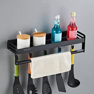 Plantex Aluminium Multipurpose Bathroom Shelf with Towel Rod and Movable Hooks/Rack Shelf for Bathroom Accessories - Wall Mount (Black)