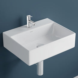 Plantex Ceramic Basin with Stainless Steel Pillar Cock/Wall Hung Basin/Deck Mount Tap/Basin for Bathroom - (Cubic - Combo)