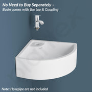 Plantex Ceramic Basin with Stainless Steel Pillar Cock and 3-inch Waste Coupling/Wall Hung Basin/Deck Mount Tap/Corner Basin for Bathroom - (Cornia - Combo)