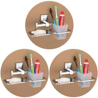 Plantex 304 Grade Stainless Steel 2in1 Soap Holder with Tumbler Holder/Bathroom Accessories Pack of 3, Darcy (Chrome)