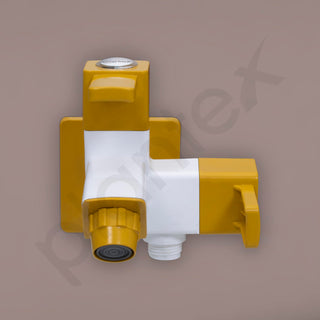 Plantex PTMT EDS-127 2 In 1 Painted Tap For Bathroom With Plastic Wall Flange & Teflon Tap e/ 2-Way Angle Valve With Attachment For Health Faucet (Yellow & White)