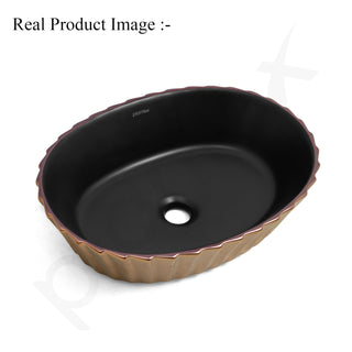 Plantex Designer Basin for Bathroom/Oval Table Top WashBasin/Countertop Hand Wash Basin/Vessel Sink for Restaurant/Hotel (19x15x5 Inch - Gold & Black)
