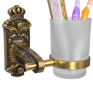 Plantex Antique Aluminium Tumbler Holder/Matt Glass Tooth Brush Stand/Bathroom Accessories (Brass-Antique Finish)